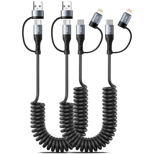 Coiled Lightning Cable [2Pack 4FT] 4 in 1 Multi Charging Cable 60W Fast Charging Retractable Charger Cord for iPhone 17/16/15/14/13/12/11 Pro Max/XS…