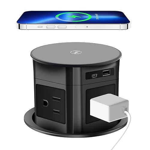 Pop Up Outlet; 15W Wireless Charger, 4 Outlets 1875W USB-A/C PD20W Super Charging 6.5FT 16AWG Cable 3.86 inch Desk Hole Pop Up Power Outlet