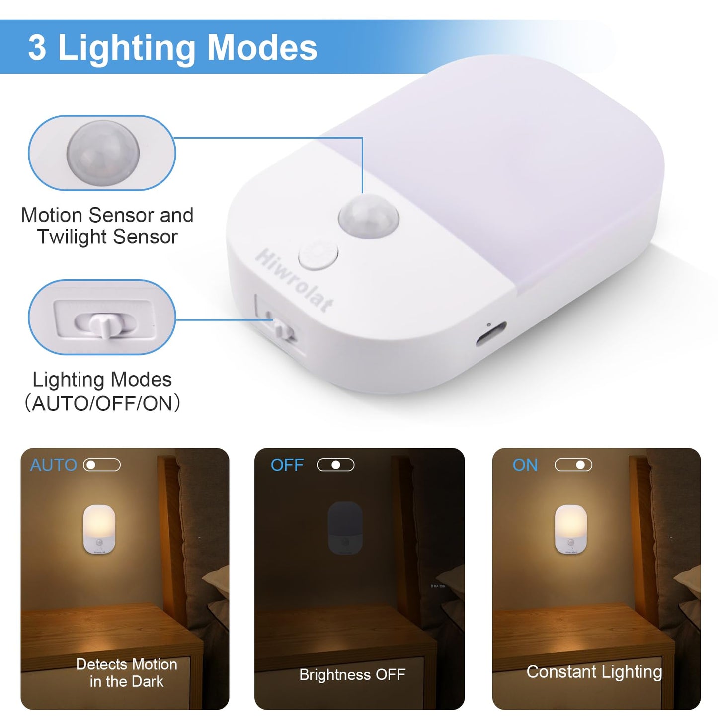 Hiwrolat Rechargeable Battery Night Light with Motion Sensor for Hallway Bedroom Bathroom Kitchen Living Room Stairs Stick On Anywhere Dimmable LED