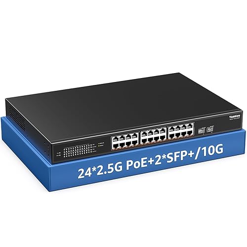 YuanLey 26 Port 2.5G PoE Switch Unmanaged, 24 x 2.5G Base-T PoE Ports, 2 x 10G SFP+, IEEE802.3af/at, 400W, Compatible with 100/1000/2500Mbps, Metal