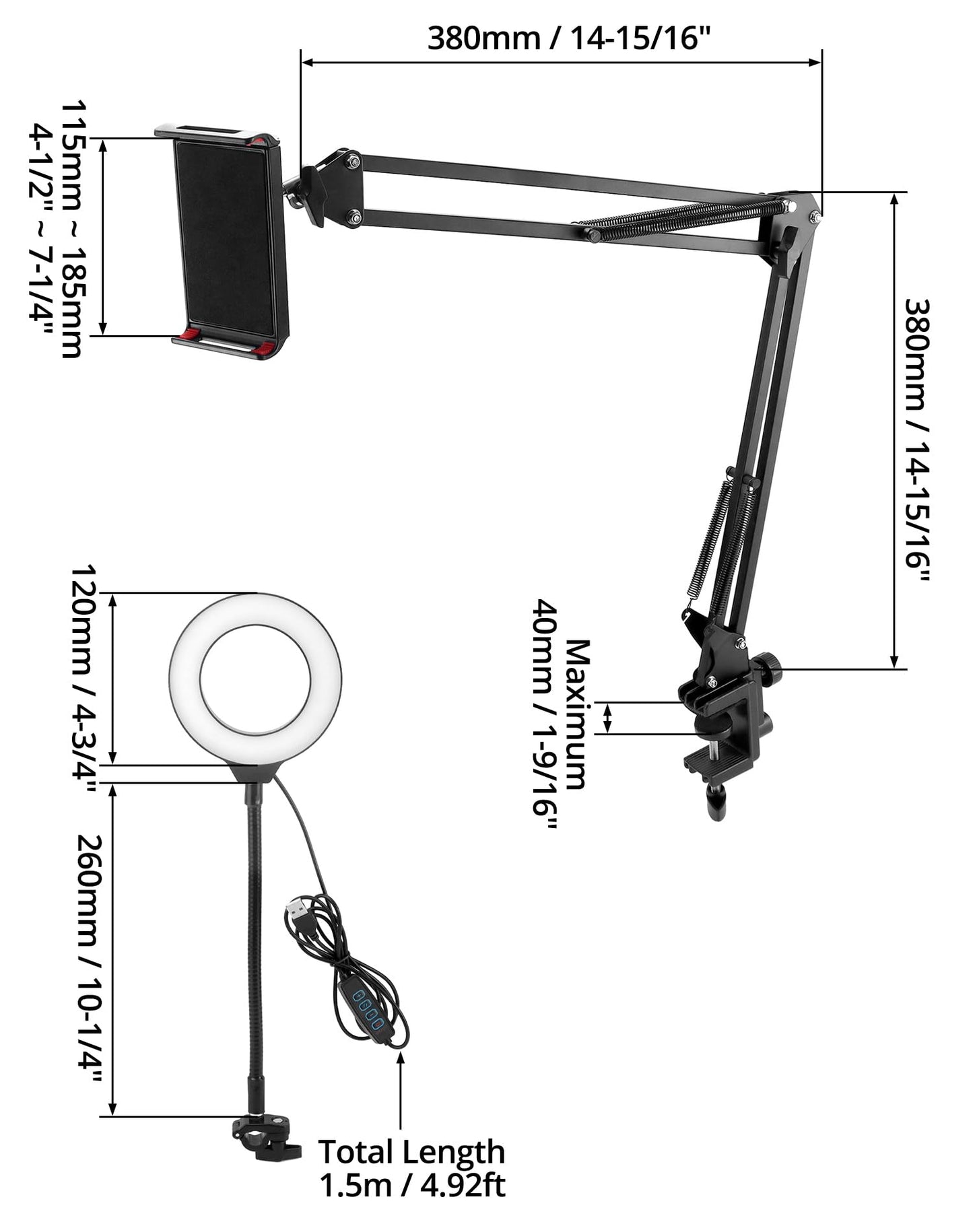 QWORK Overhead Camera Mount, Phone Mount with Ring Light, Flexible Articulating Phone Arm Stand, Phone Holder Stand, Phones Mount Clamp on Desk,