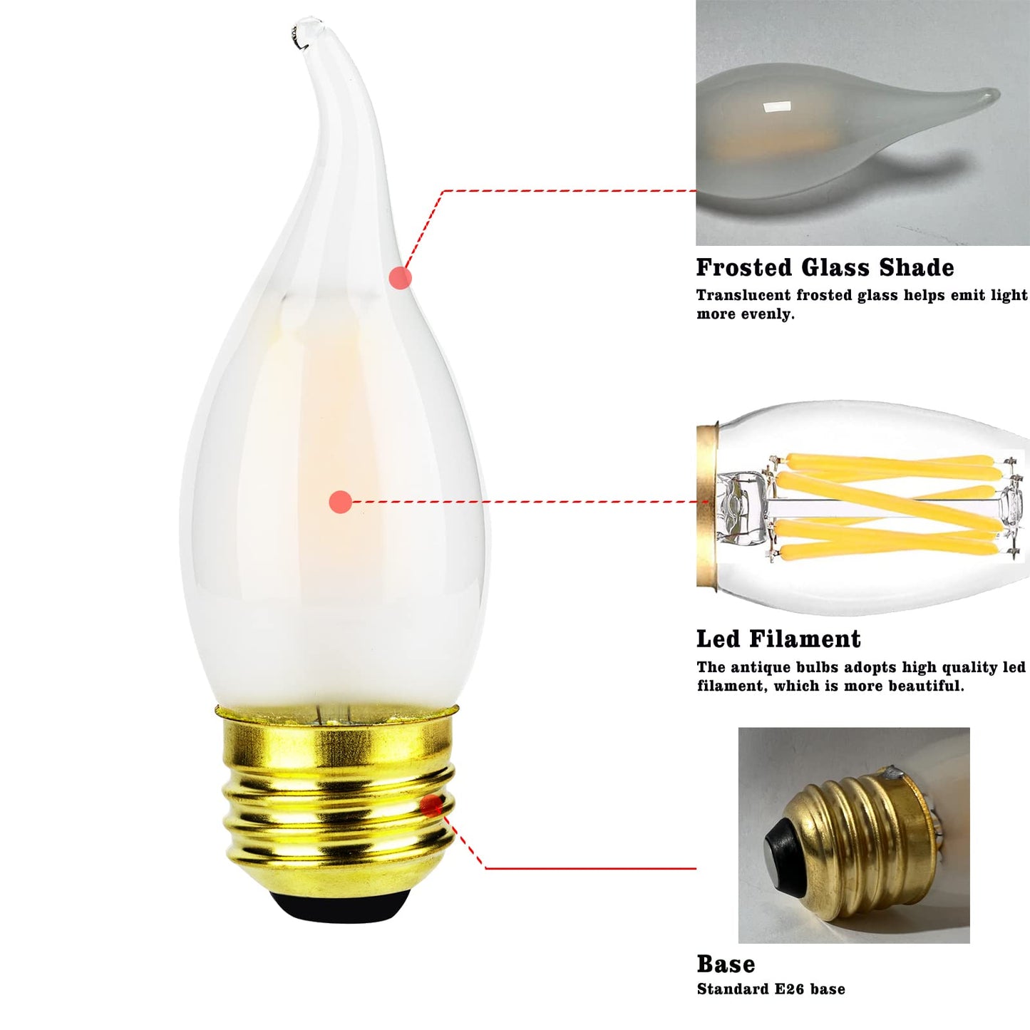 FLMAMT Dimmable 6W Led Bulb, 60 Watt Equivalent, 3000K Soft White Frosted Led Chandelier Light Bulb, E26 Vintage Led Candelabra Bulb, Pack of 4