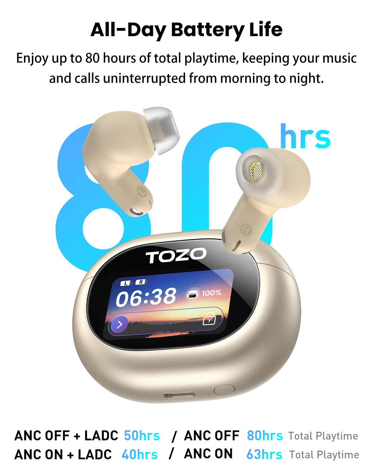 TOZO NC20 Pro Active Noise Cancelling Wireless Earbuds, Smart LCD Screen