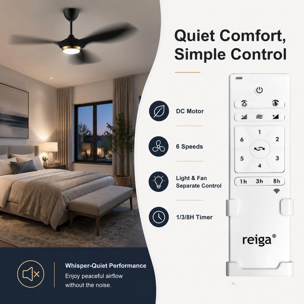 reiga 52" Black Smart Ceiling Fan with Light, Quiet DC Indoor Fan