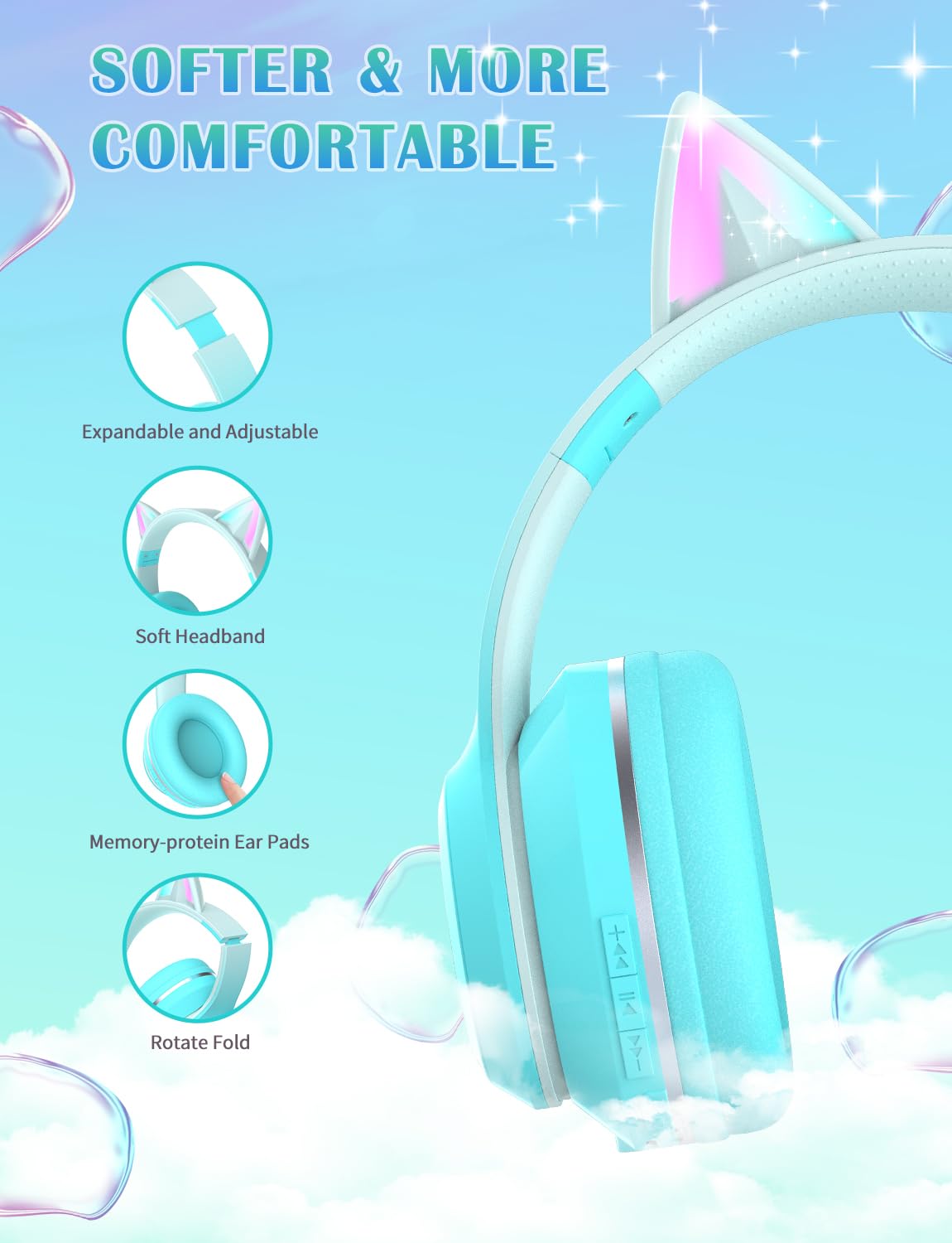 YOYOTUNE Bluetooth Kids Headphones,Cat Ear LED Light Up Kids Wireless Headphones,Bluetooth 5.1&Stereo Sound, Foldable,Adjustable Headband,Children…