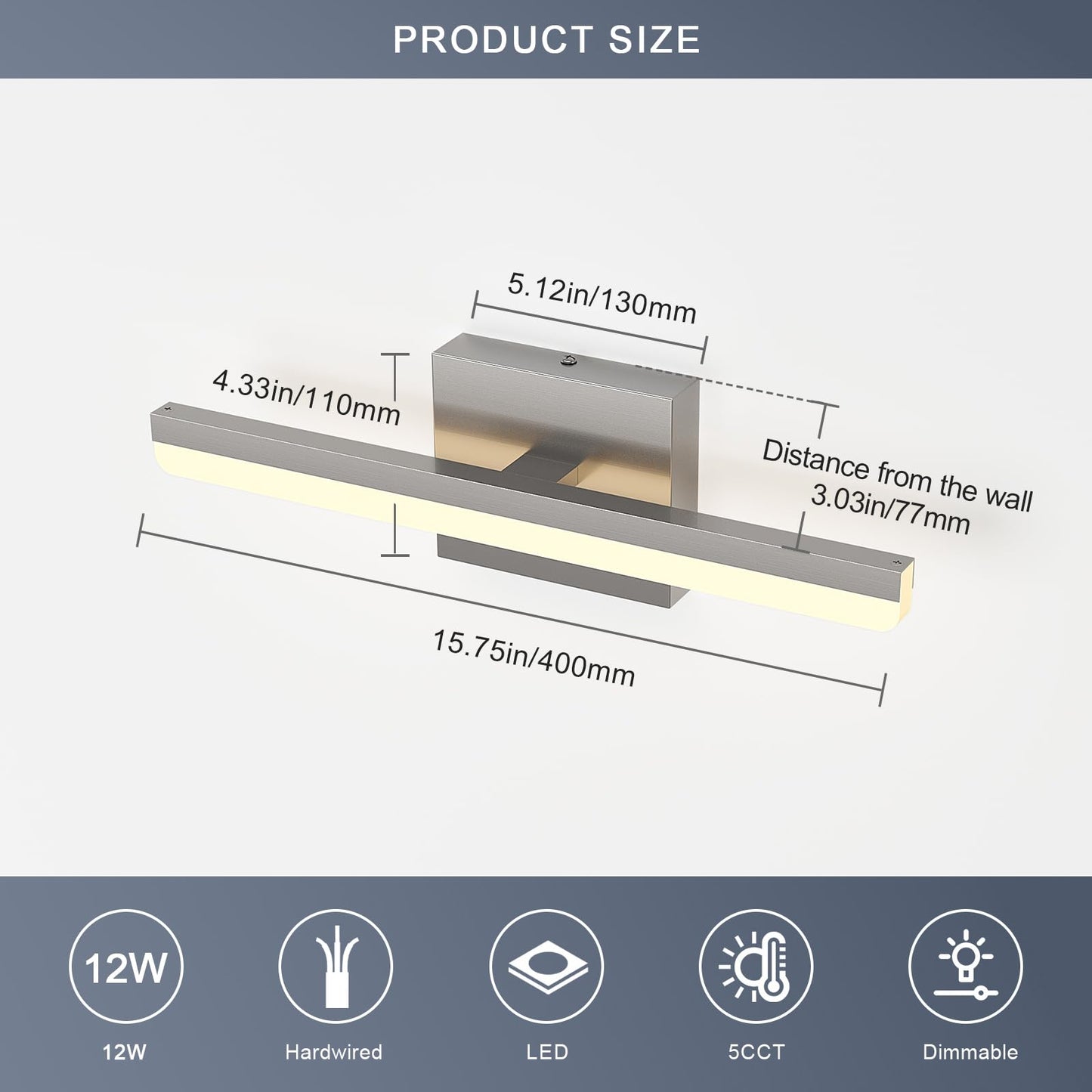 Pasoar LED Modern Bathroom Light Fixtures 12W Brushed Nickel Vanity Lights Bar 5CCT Dimmable ixture Over Mirror Vanity Light for Bathroom Lighting