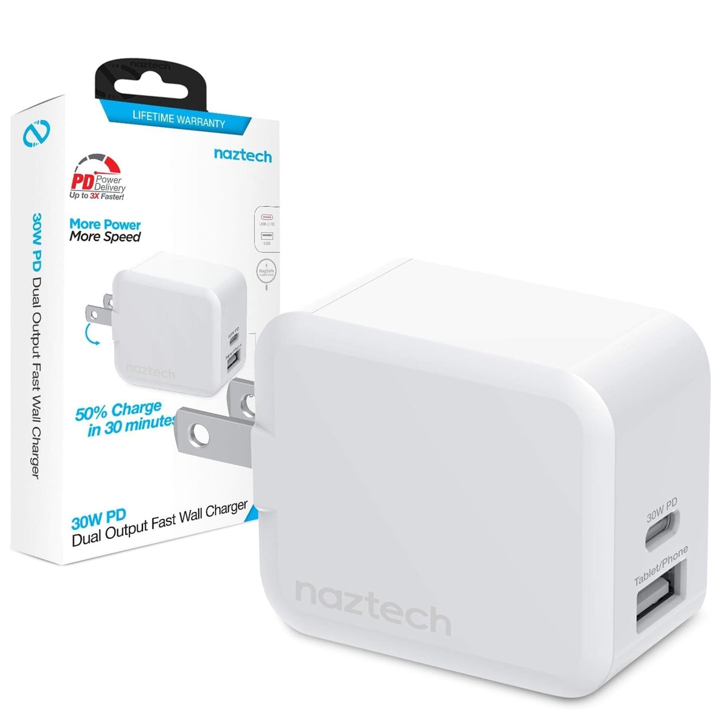 Naztech 30W USB-C Charger Block & 12W USB Charger Block - Fast Charging Blocks, USB Wall Plug Adapter for Wall Outlet, Dual Port, Foldable Prongs
