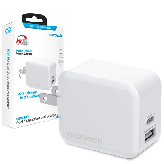 Naztech 30W USB-C Charger Block & 12W USB Charger Block - Fast Charging Blocks, USB Wall Plug Adapter for Wall Outlet, Dual Port, Foldable Prongs