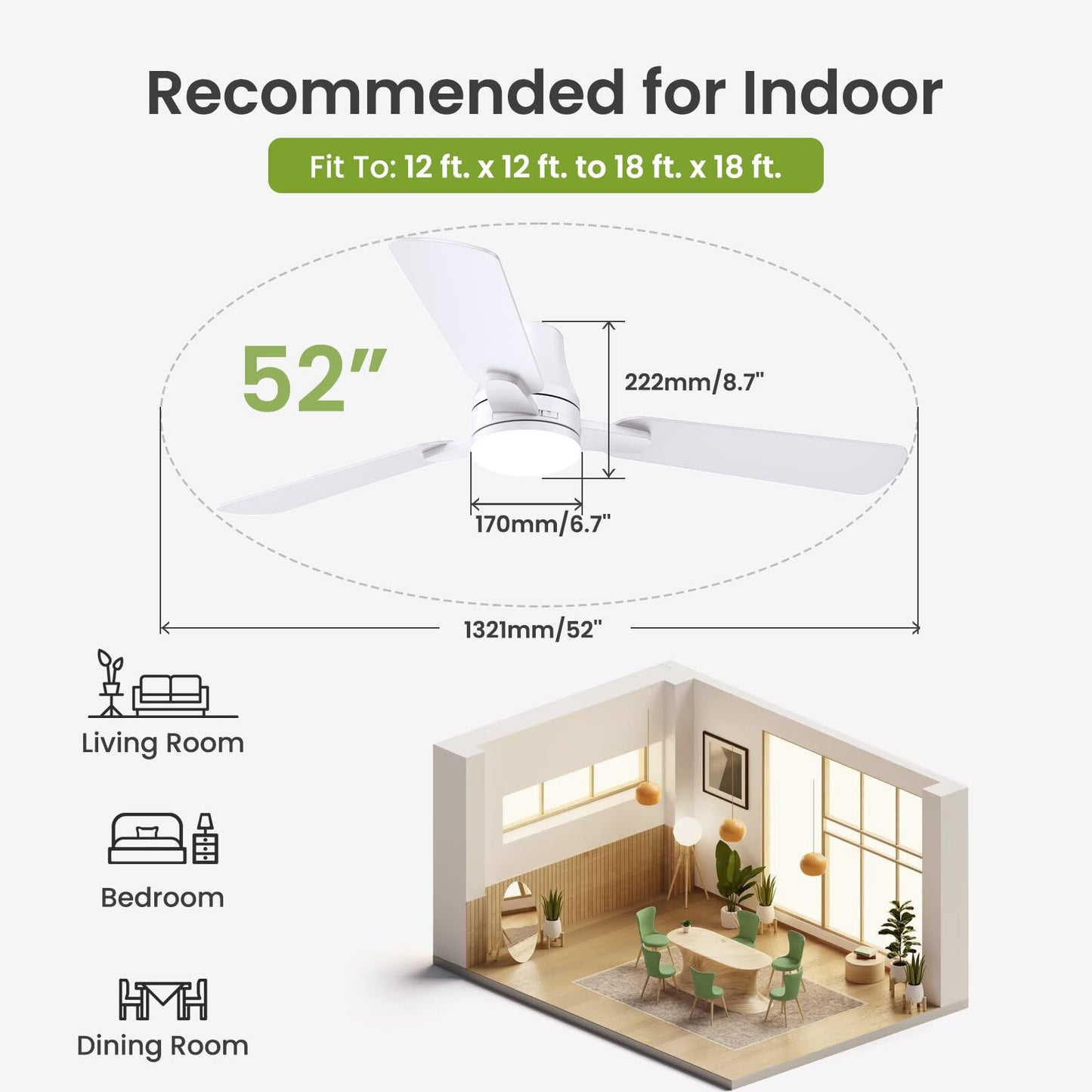 Vemaller 52" Ceiling Fans with Lights and Remote: 90% Less Assembly Time with Light Pre-Installed & Snap-in Blades, Reversible, 3CCT, Modern Low