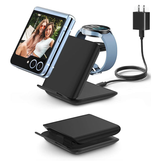 Wireless Charger for Samsung Galaxy z Flip & Watch Combo - 2 in 1 Foldable Wireless Charging Station for Flip 7/6/5/4, Motorola Razr+, Galaxy Watch