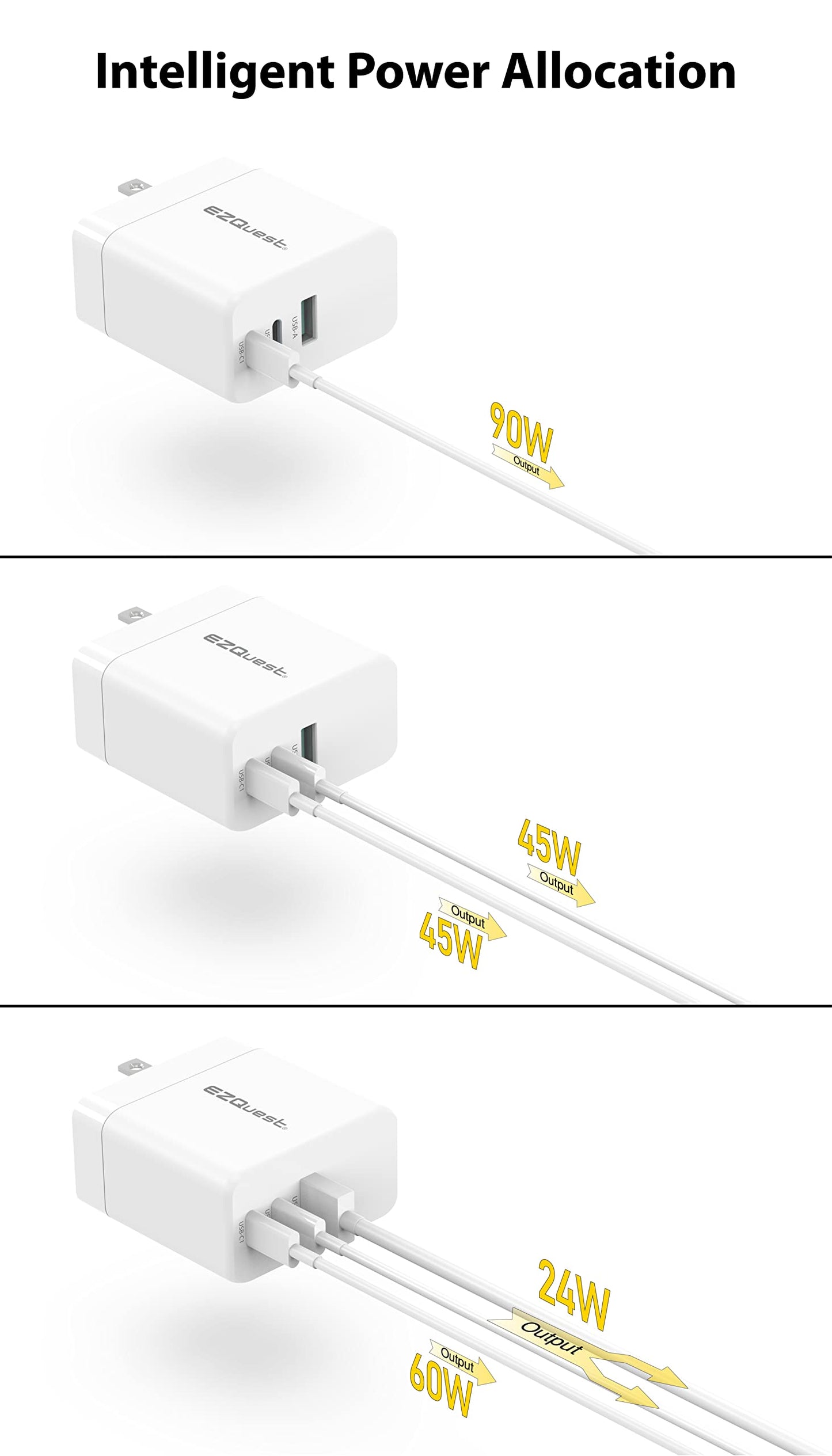 EZQuest 90W USB C Charger - 2X USB-C, 1X USB-A Port, with 2 Meter Cable - Fast Charging Block PD - GAN Charger Wall - EU Converter Compatible