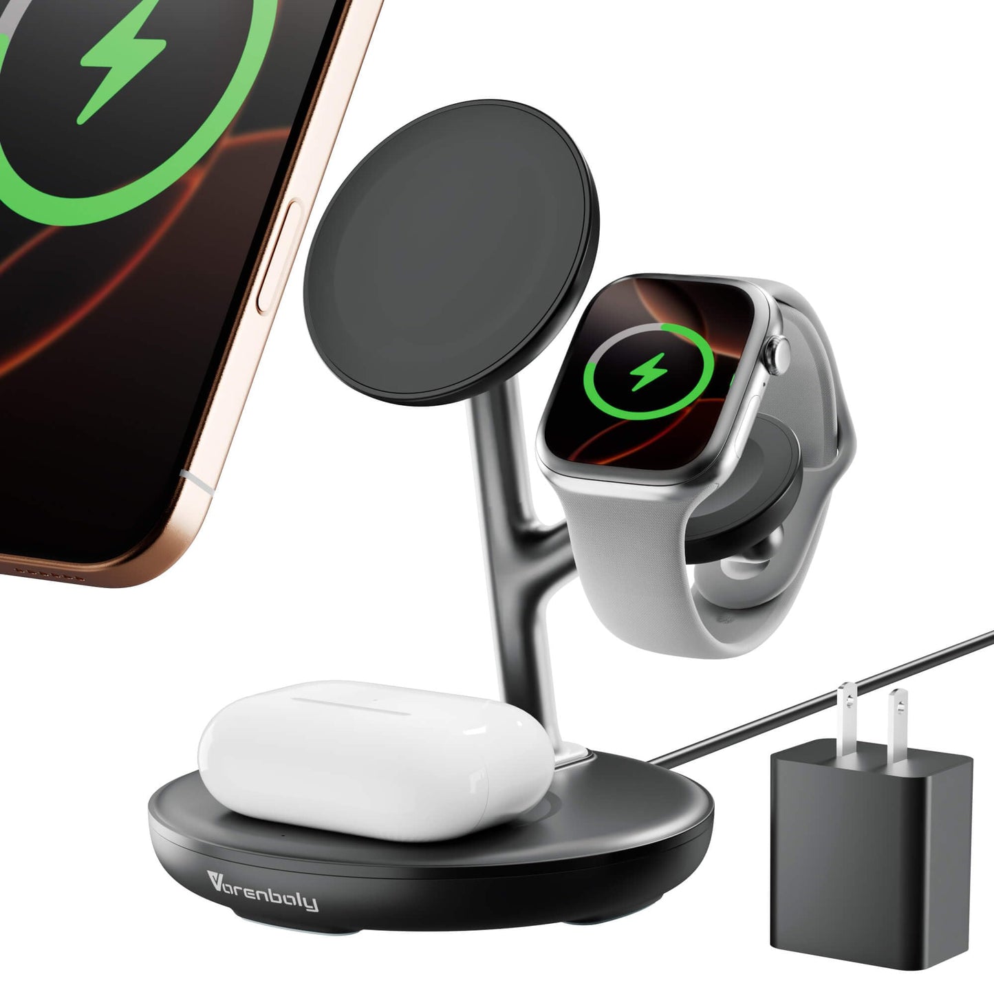 3 in 1 Wireless Charging Station for Multiple Devices Apple 17 Magsafe Charger Stand, Mag-Safe Wireless Charger Dock for iPhone Apple Watch Airpods