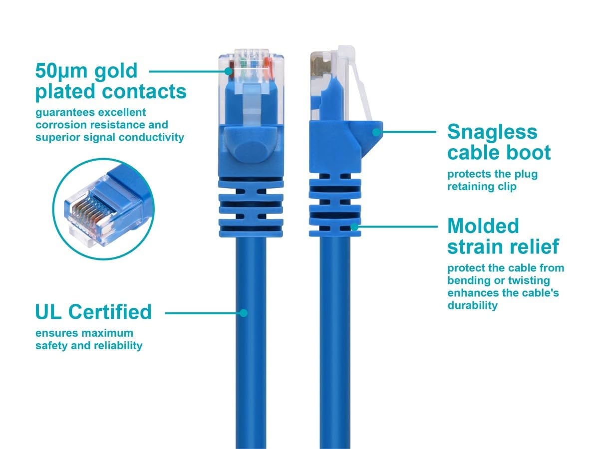 Monoprice Cat5e 100ft Blue Patch Cable UTP 24AWG 350MHz Pure Bare Copper Snagless RJ45 Fullboot Series Ethernet Cable
