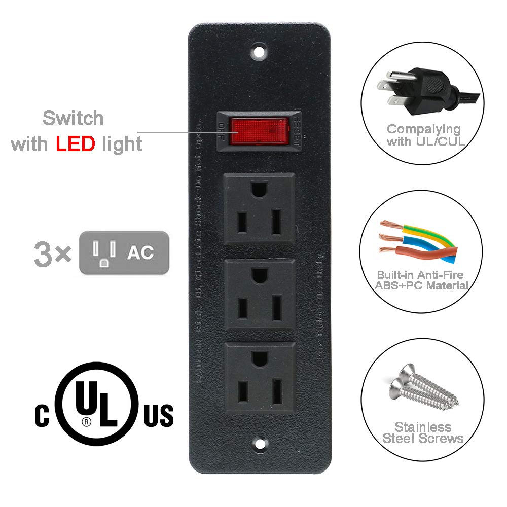Recessed Power Strip Countertop Power Grommet Desk Mountable Power Strip Behind Drawer Outlets for Cabinet Sofa Shelf UL/ETL Certificated Black