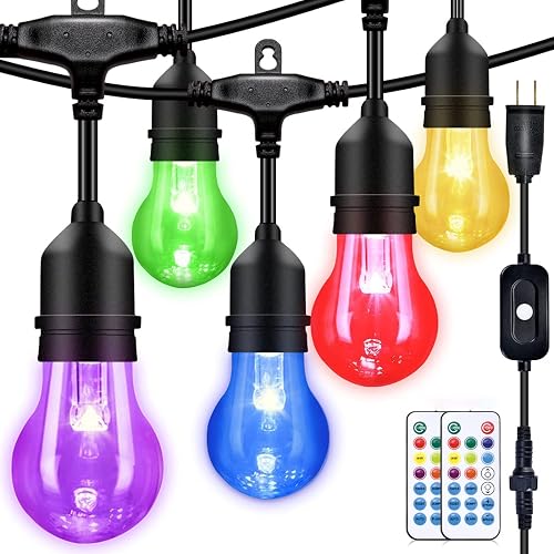 IPStank 48FT Outdoor RGB String Lights, 16 Shatterproof Edison Bulbs, Dimmable Color Changing Patio Lights with Remote Control. Perfect for Bistro