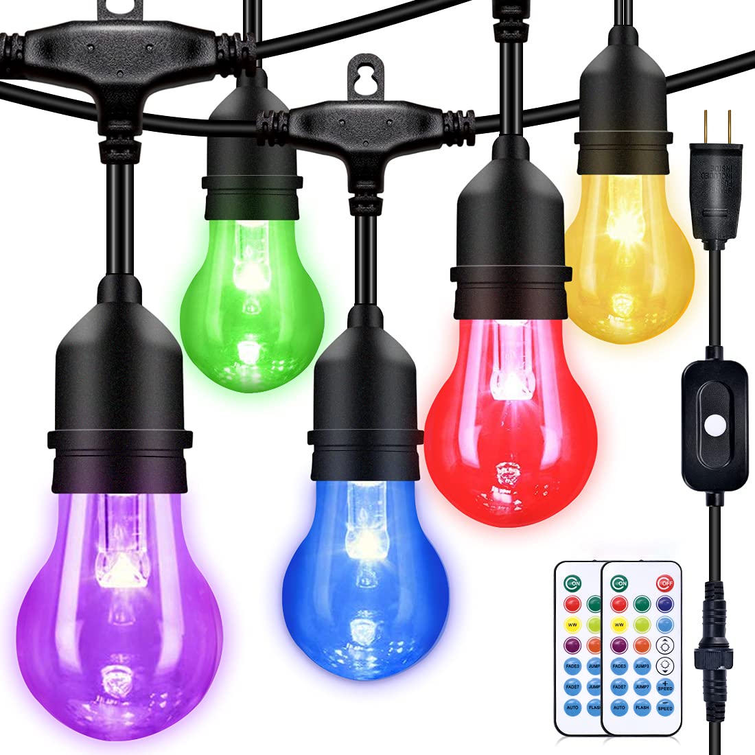 IPStank 48FT Outdoor RGB String Lights, 16 Shatterproof Edison Bulbs, Dimmable Color Changing Patio Lights with Remote Control. Perfect for Bistro