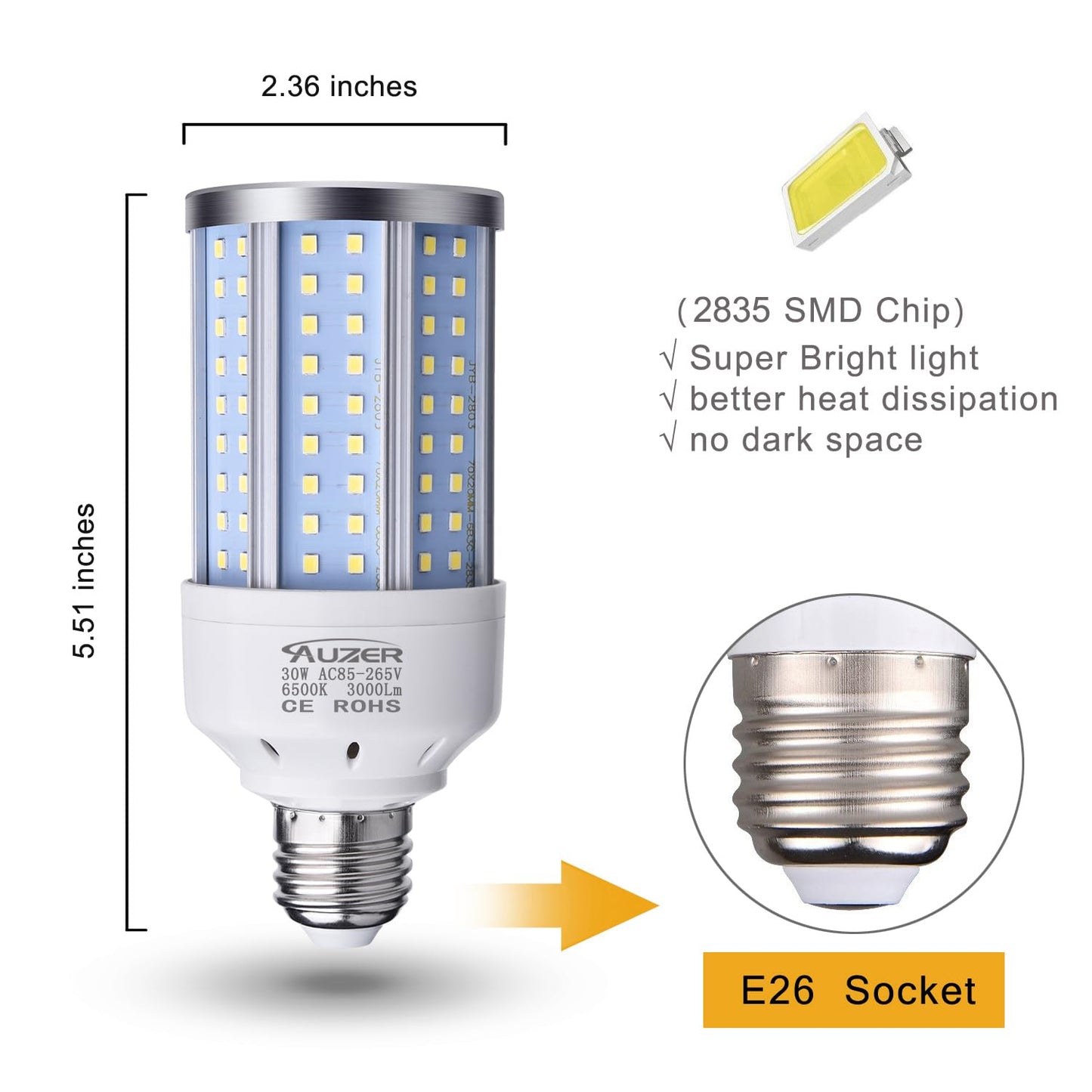 Auzer 30W (200W Equivalent), Daylight, E26 Standard Base, LED Corn Light Bulb | 2-Pack