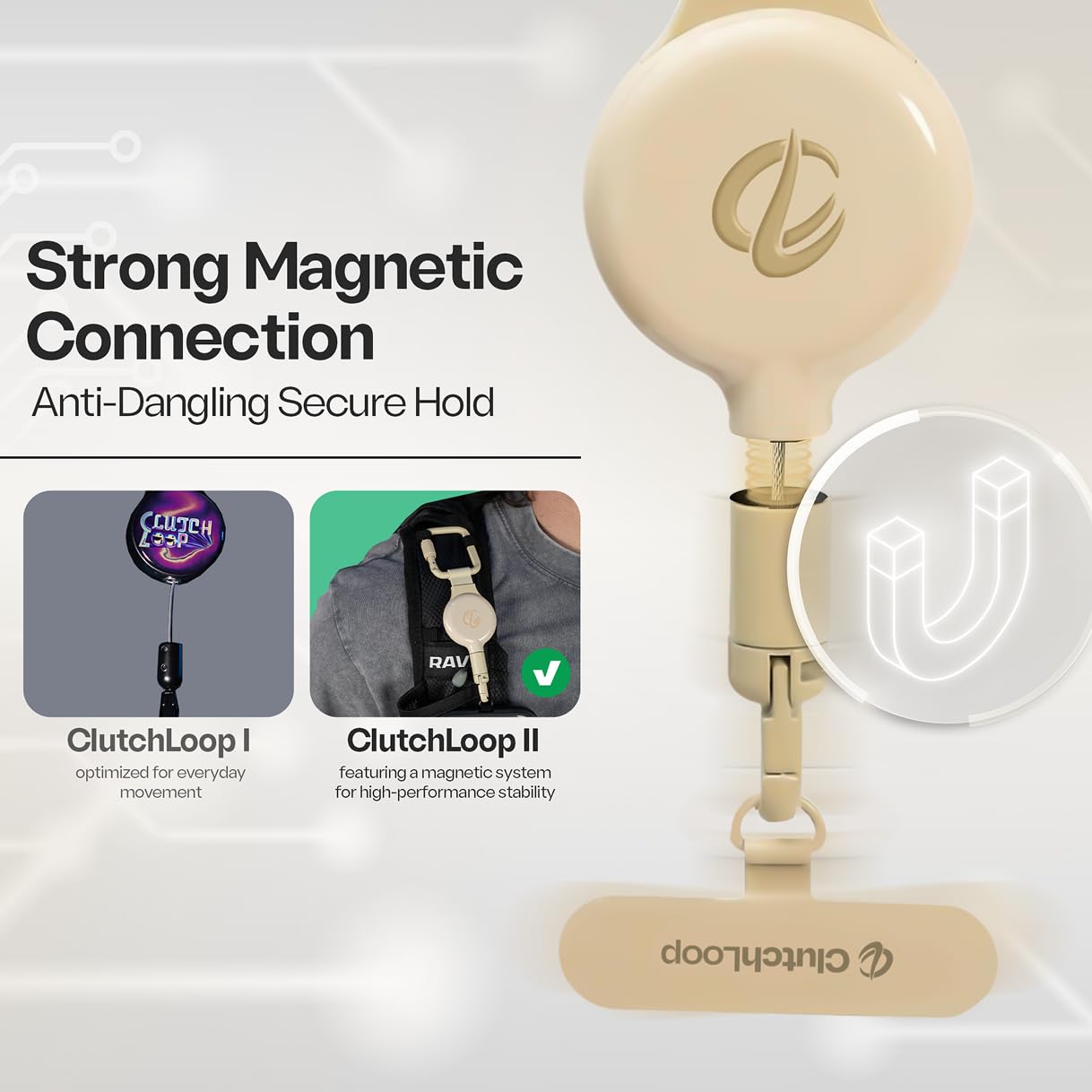 ClutchLoop 2 Anti-Theft Phone Tether - Magnetic Connection, Metal Anchor, Retractable Steel Line and Locking Carabiner (Latte)