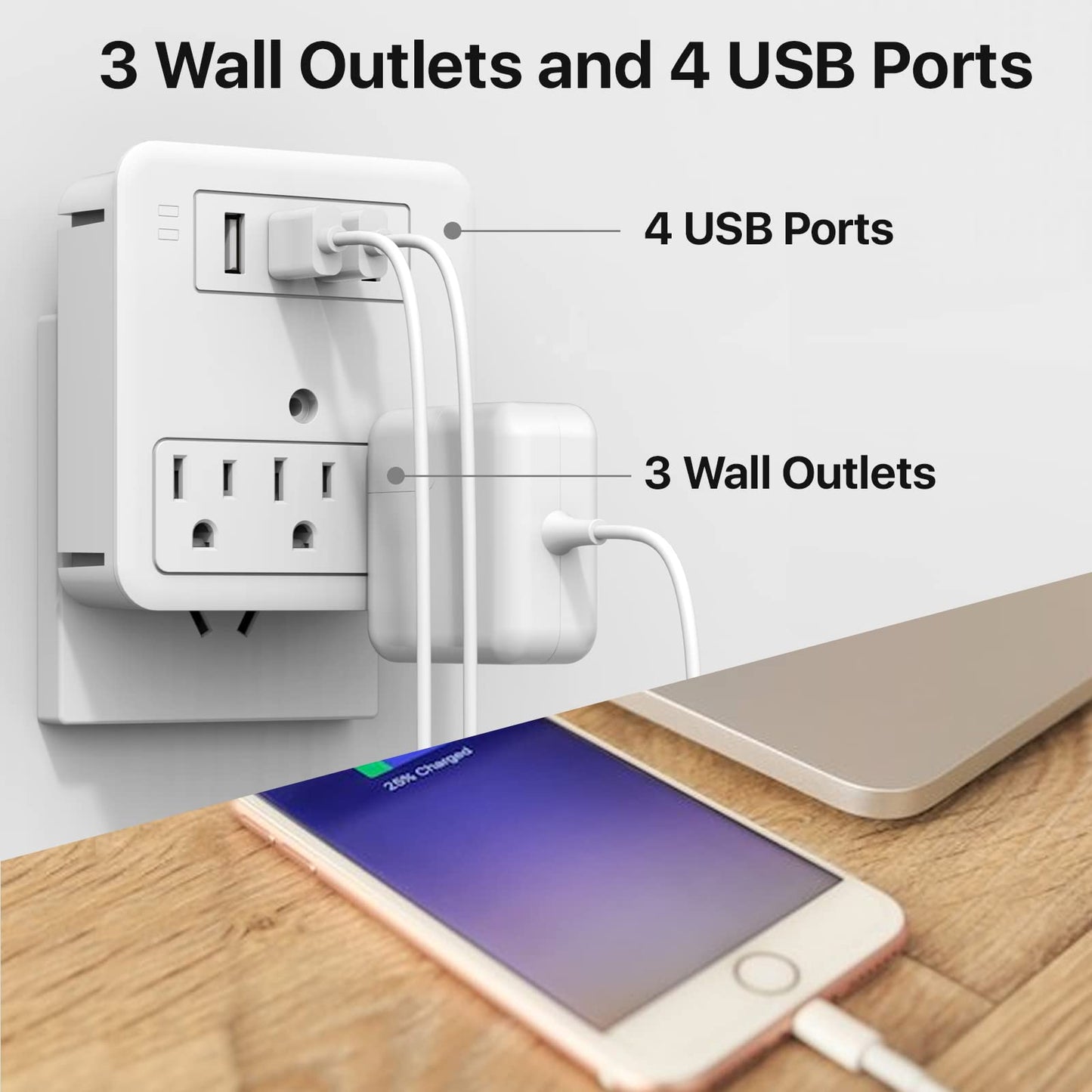 LAX Gadgets Multi-Plug Outlet Extender with Reliable Surge Protector Circuit - Suitable for Home, Office, & School Usage | 3 Wall Outlets and 4 USB