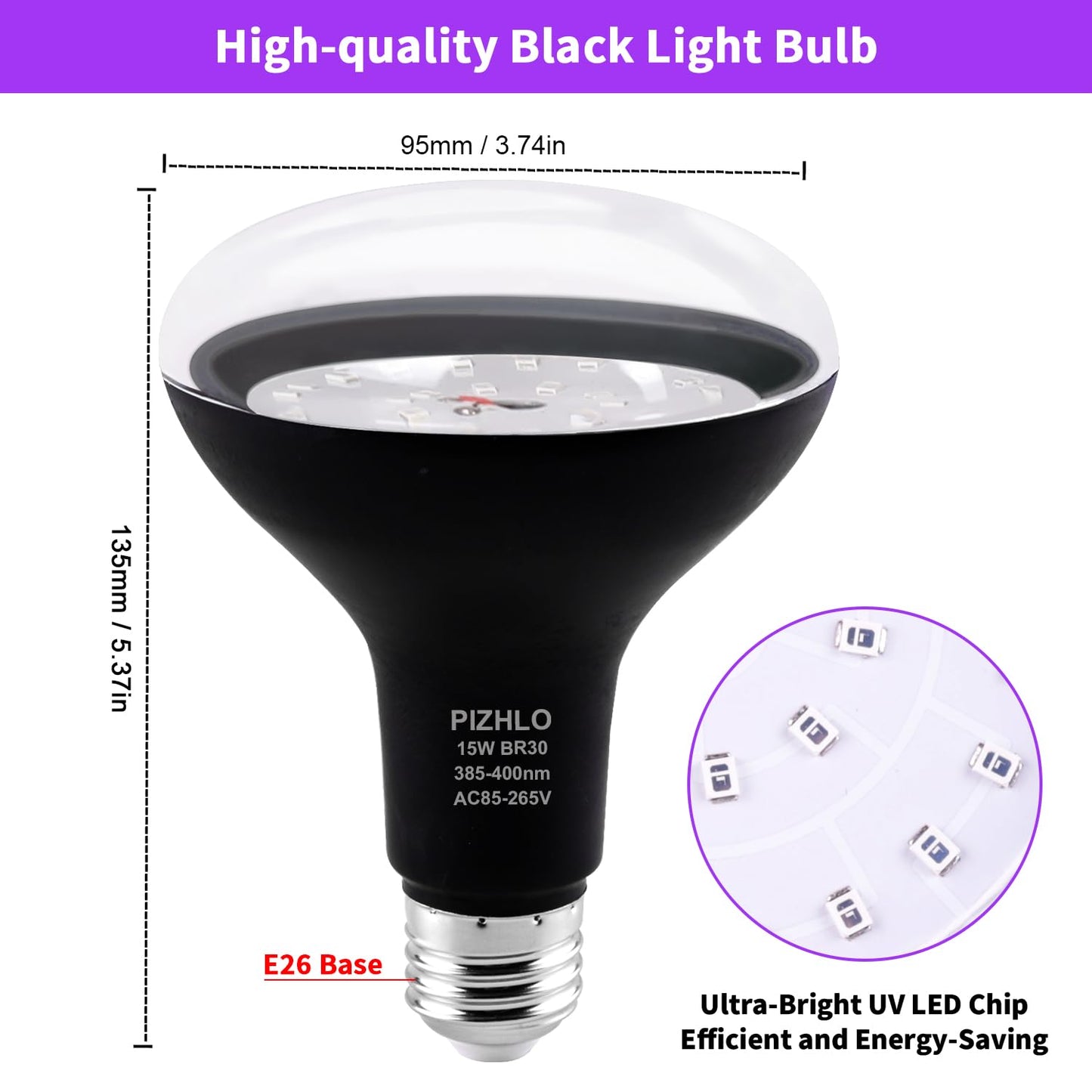 PIZHLO 4 Pcs 15W LED Black Light Bulbs, BR30 E26 Black Shell Blacklight LED Bulb, 385-400nm, Glow in The Dark for Blacklight Party, Body Paint