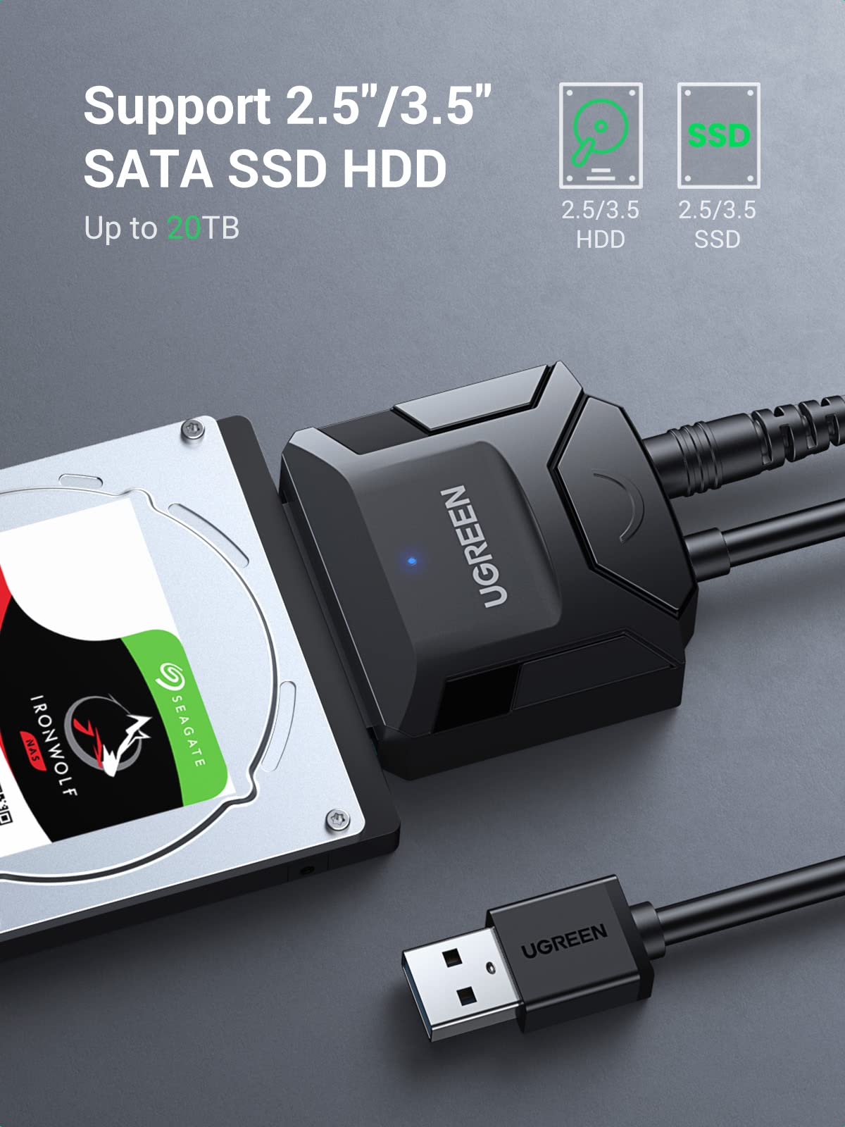 UGREEN SATA to USB 3.0 Adapter Cable for 3.5 2.5 Inch SSD/HDD Hard Drive Reader SATA III Hard Drive Disk Converter Support UASP Compatible