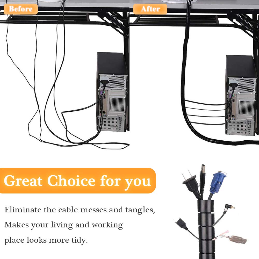 Black Spiral Winding Cable Management Pipe Wire Wrap Line Coiled Tube, Flexible Cord Covered Protective Bundler Sleeve Hose for Office, Computer, TV