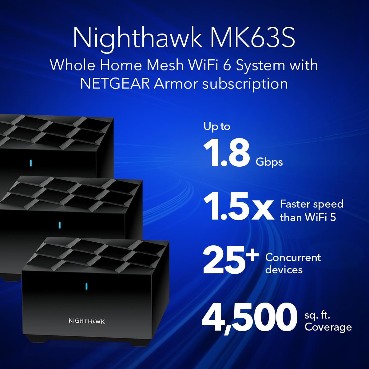 NETGEAR Nighthawk Advanced Whole Home Mesh WiFi 6 System (MK63S) with Free Armor Security - AX1800 Router with 2 Satellite Extenders, Coverage up