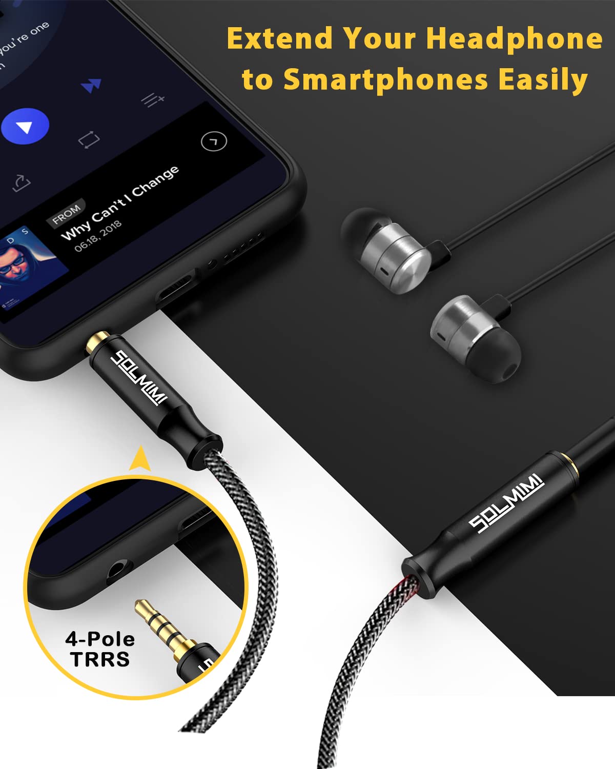 SOLMIMI Headphone Extension Cable 4 Pole 3.5mm TRRS Male to Female Lossless Stereo Audio Cable Extension (4 ft/ 1.2 m) Nylon Braid Aux Cord Extension…