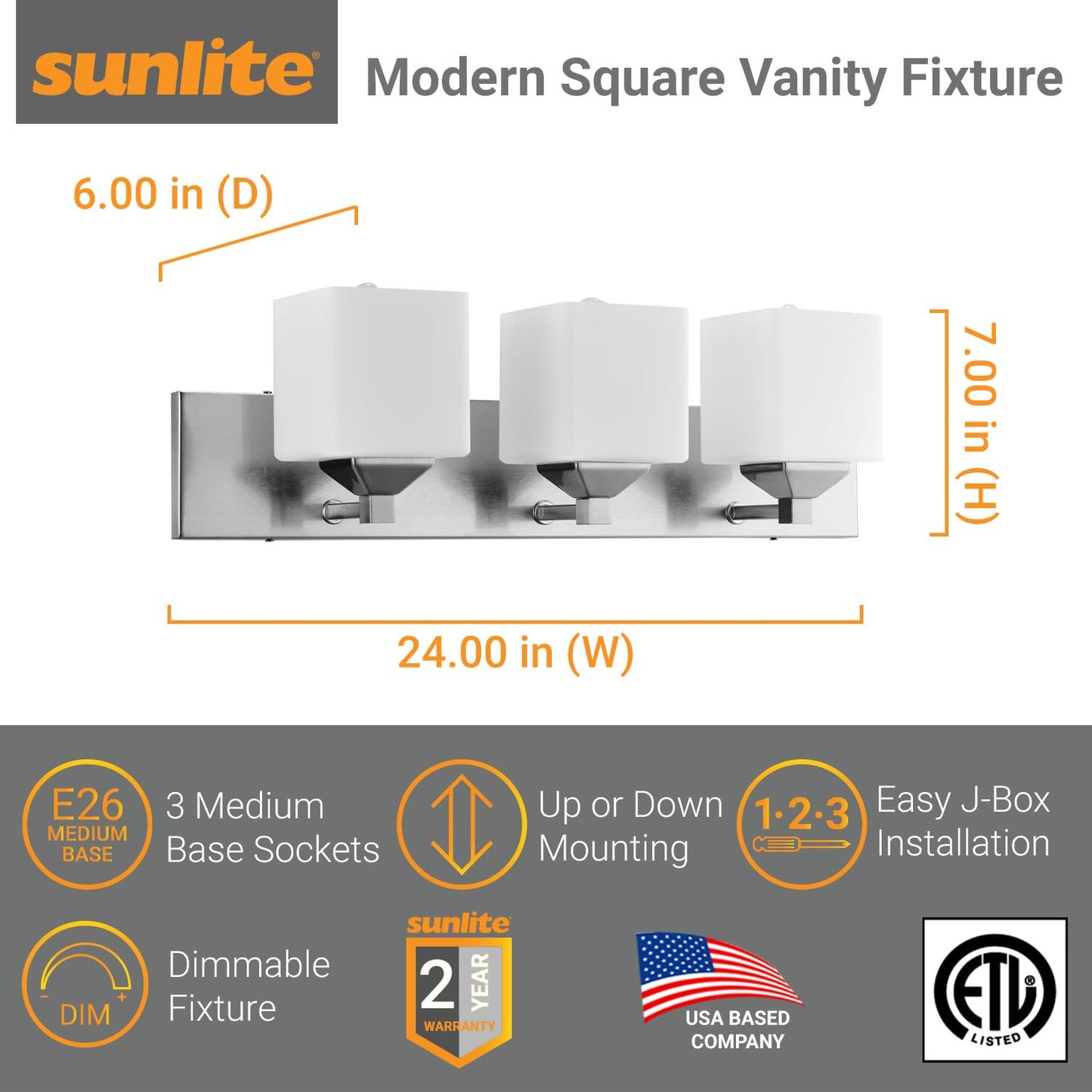 Sunlite 81324-SU Modern Square Shade Vanity Fixture, 24" Wall Mount, Medium Base (E26) Socket, Standard A19 Bulb Required (60W Max), Frosted Glass