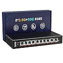 10 Port 10G Ethernet Switch Unmanaged, 8 x 2.5G Base-T Ports, 2 x 10Gb RJ45 Ports, Compatible with 100/1000/2500Mbps, Metal Case Fanless, YuanLey