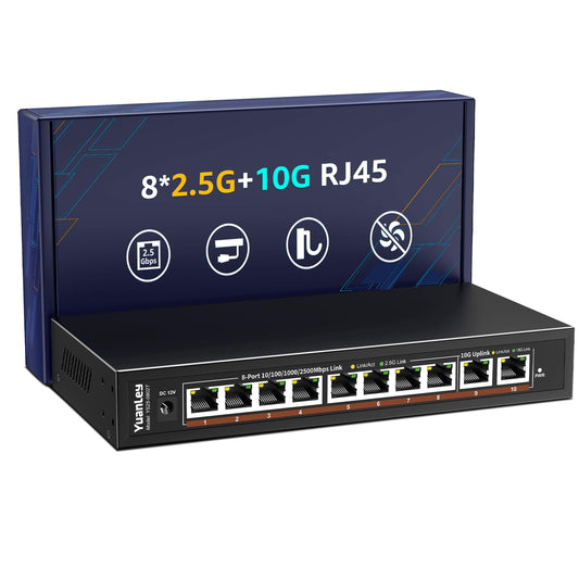 10 Port 10G Ethernet Switch Unmanaged, 8 x 2.5G Base-T Ports, 2 x 10Gb RJ45 Ports, Compatible with 100/1000/2500Mbps, Metal Case Fanless, YuanLey