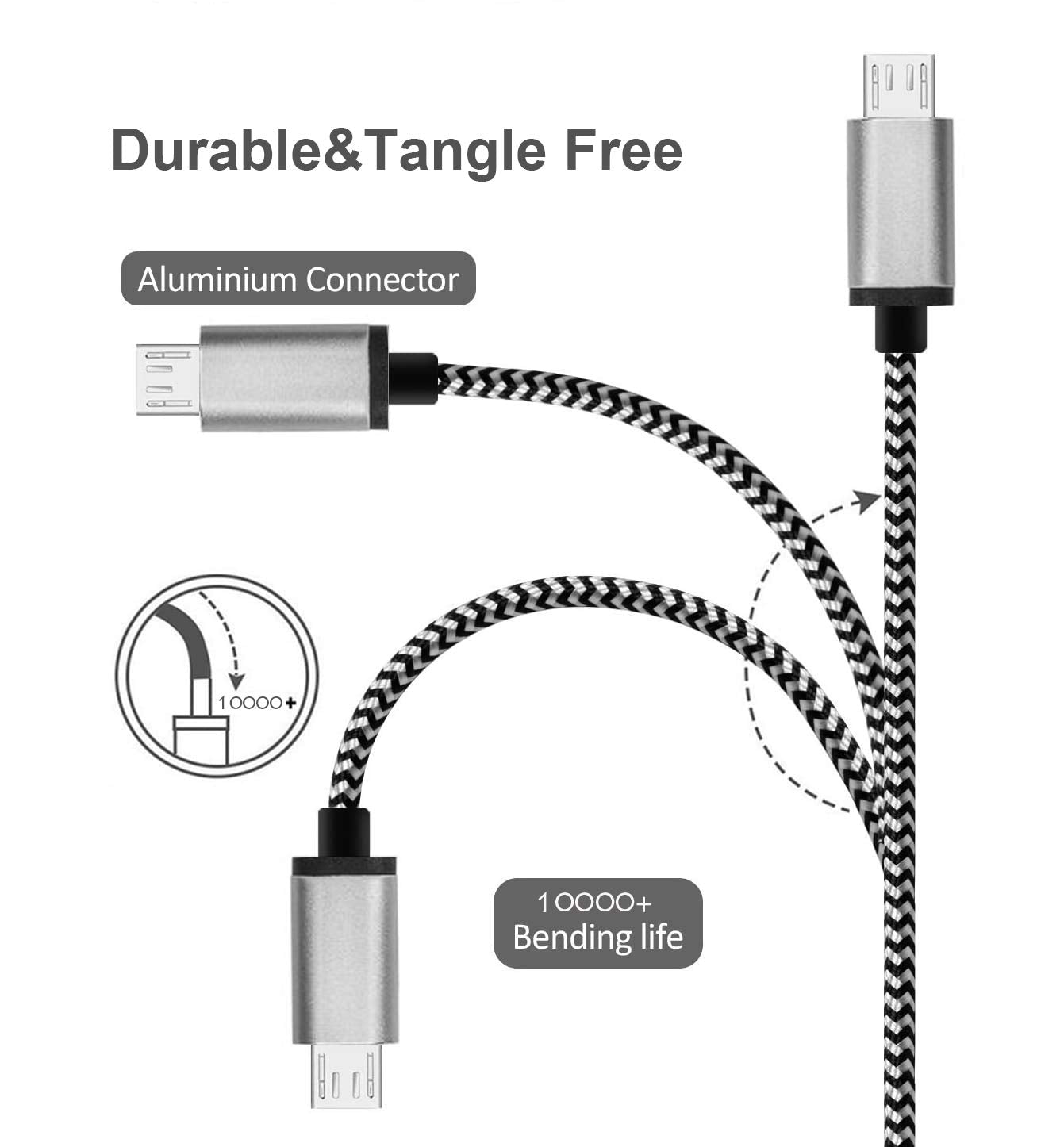 Micro USB Cable 10ft with 3A Fast Charging, 2Pack Ultra Durable 10ft Nylon Braided Charger Cords for Galaxy S7/S6/J8/J7 Note