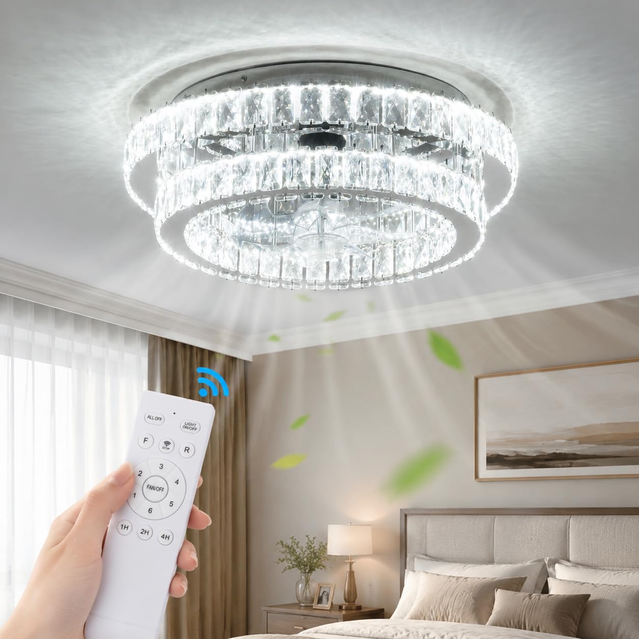 Buudyold Ceiling Fan with Lights and Remote, 20" Chrome Fandelier