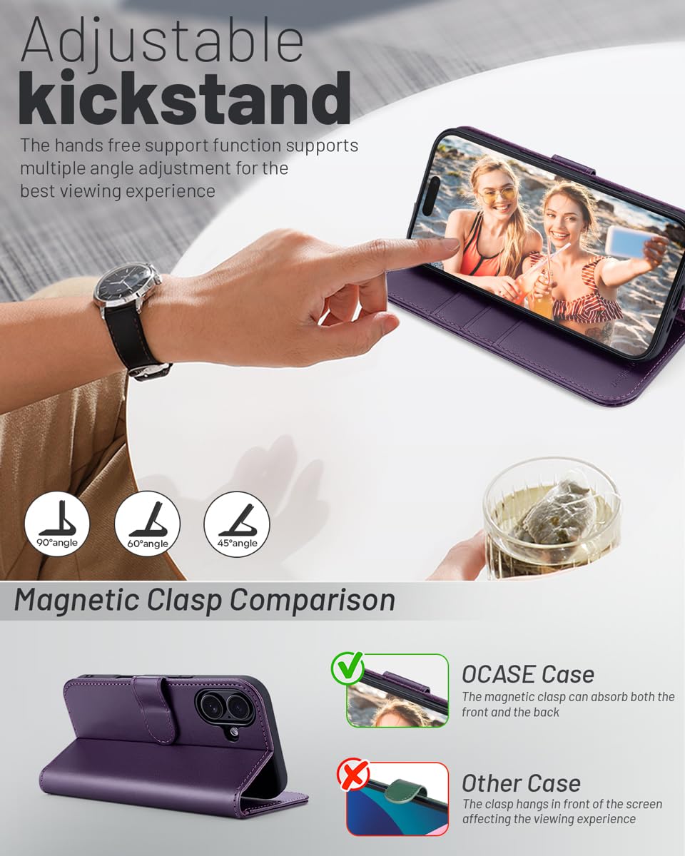 OCASE Compatible with iPhone 16 Wallet Case, PU Leather Flip Folio Case with Card Holders RFID Blocking Kickstand [Shockproof TPU Inner Shell] Phone