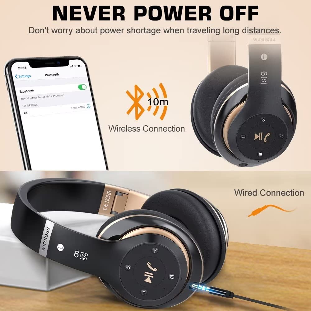 Prtukyt 6S Wireless Bluetooth Headphones Over Ear, Hi-Fi Stereo Foldable Wireless Stereo Headsets Earbuds with Built-in Mic, Volume Control, FM…