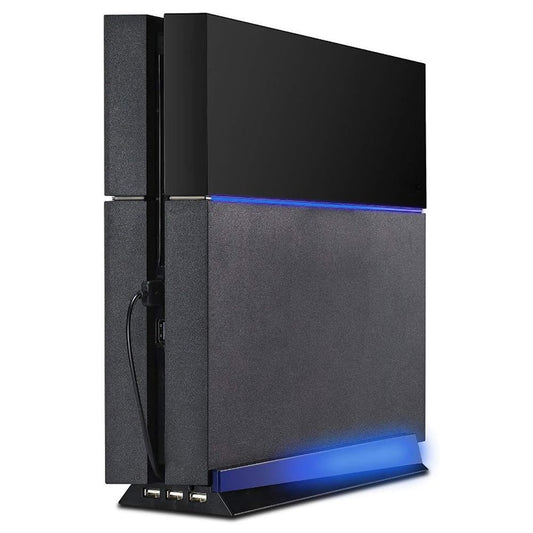 KlsyChry Stand with HUB & Blue Light for PS4, Blue Led Light Vertical Stand Base with 3 USB HUB Port for Sony PlayStation 4 PS4 Console (Black)