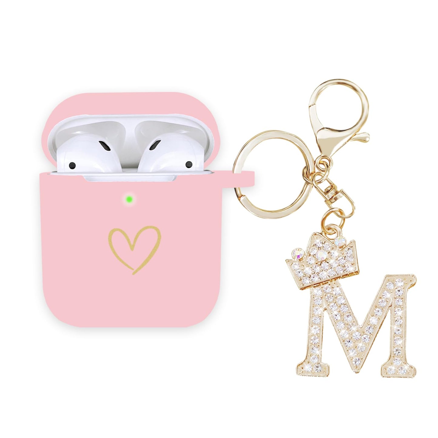 AIIEKZ Compatible with AirPods Case Cover, Soft Silicone Case with Gold Heart Pattern for AirPods 2&1 Generation Case with Rhinestone Studded Letter