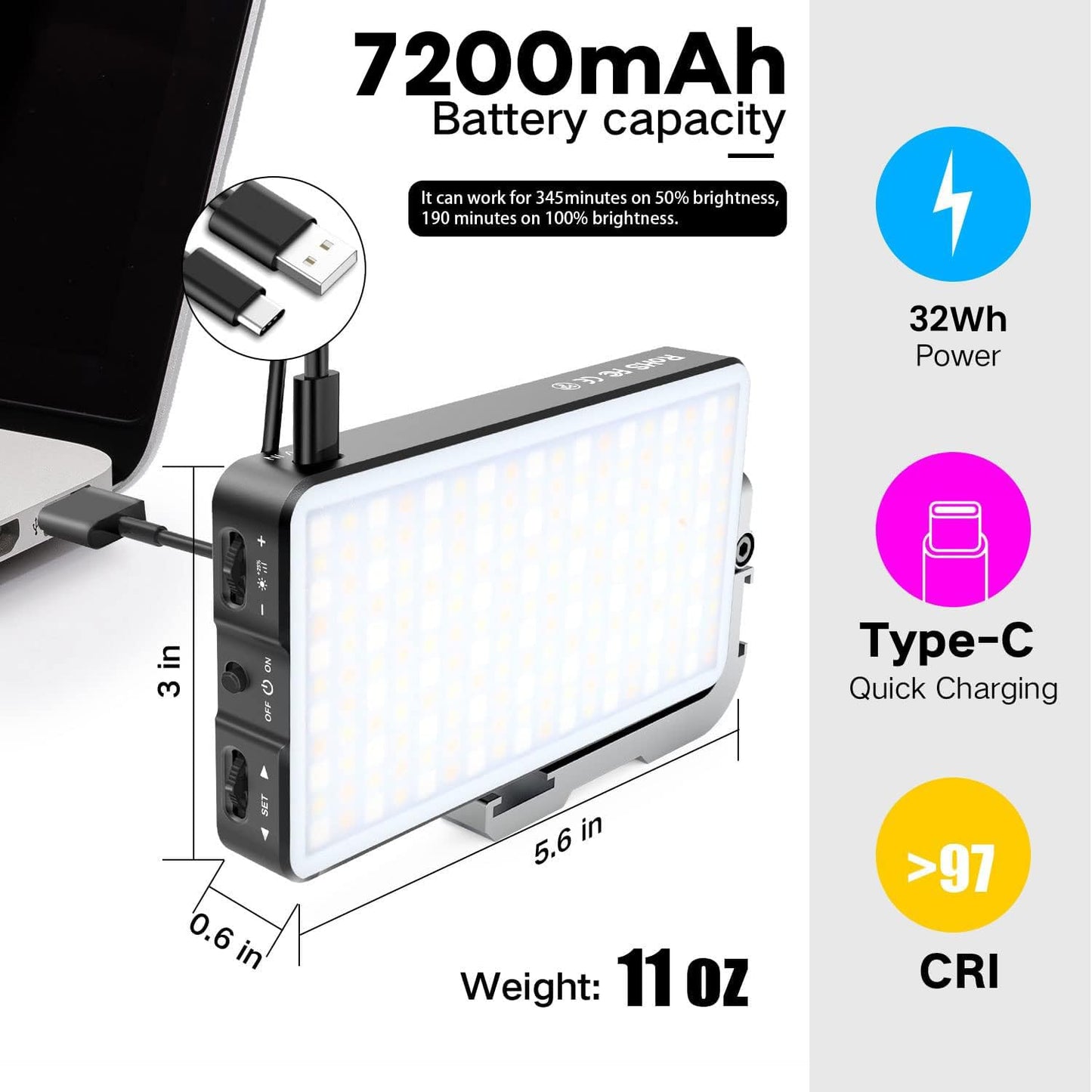 IVISII G2 Pocket RGB Camera Light,Built-in 7200mAh Rechargeable Battery 360°Full Color Gamut 9 Light Effects,2600-10000K LED Video Light Panel
