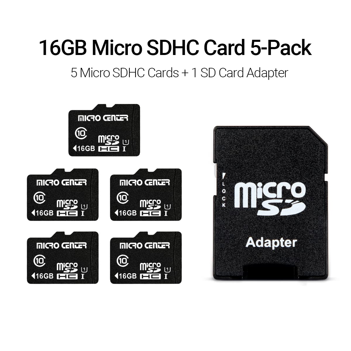 Micro Center 16GB Class 10 Micro SDHC Flash Memory Card with Adapter for Mobile Device Storage Phone, Tablet, Drone & Full HD Video Recording - 80MB/s