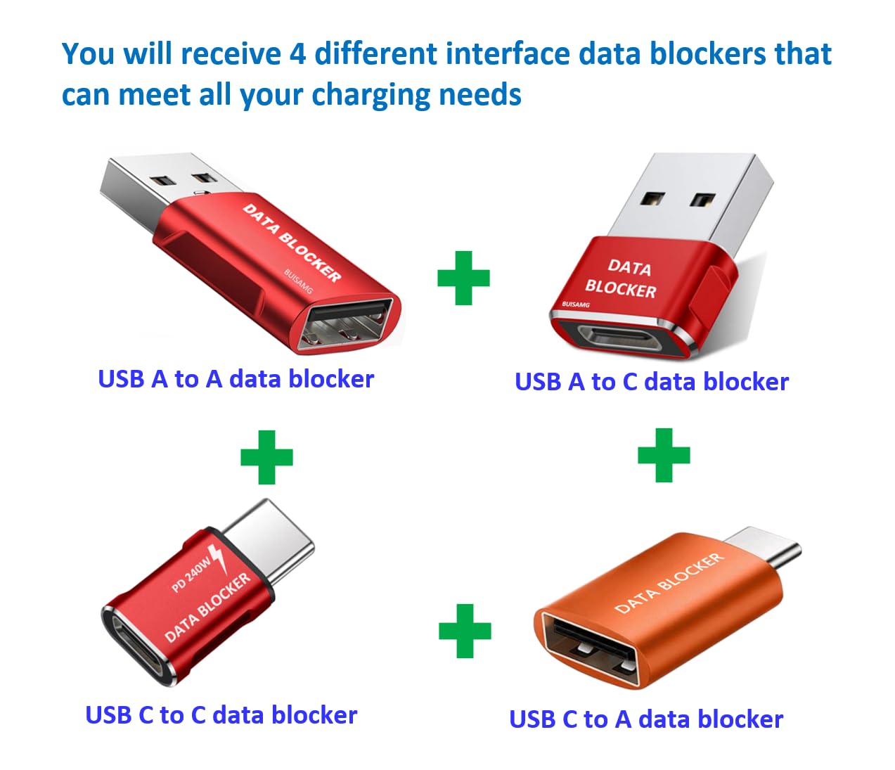 BUISAMG Data Blocker Adapter & USB C Data Blocker, A to A & A to C & C to C & C to A Only for Charge, Protect Against Juice Jacking,for iPhone 15 16…