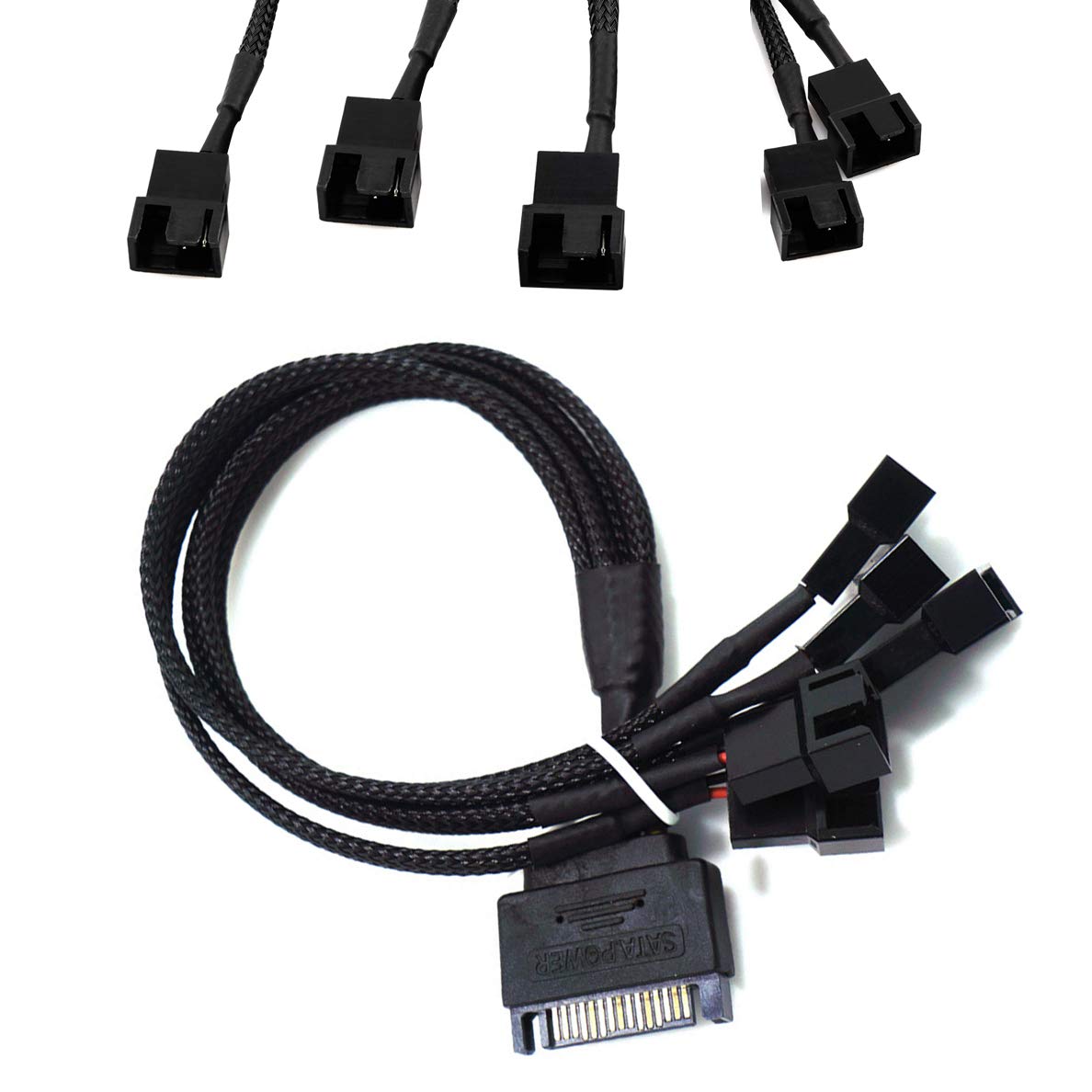 2Pack 15-Pin Male SATA to 5 Fan 12V Sleeved Power Adapter Cable SATA to 3 Pin / 4 Pin PMW PC Case Fan Power Adapter Cable,Computer Cooler Cooling Fan