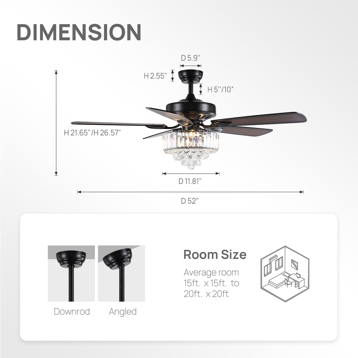 MOOONICHE 52 Inch Crystal Ceiling Fan with Lights and Remote Modern Black Chandelier Fan for Bedroom 5 Reversible Wood Blades Silent DC Motor