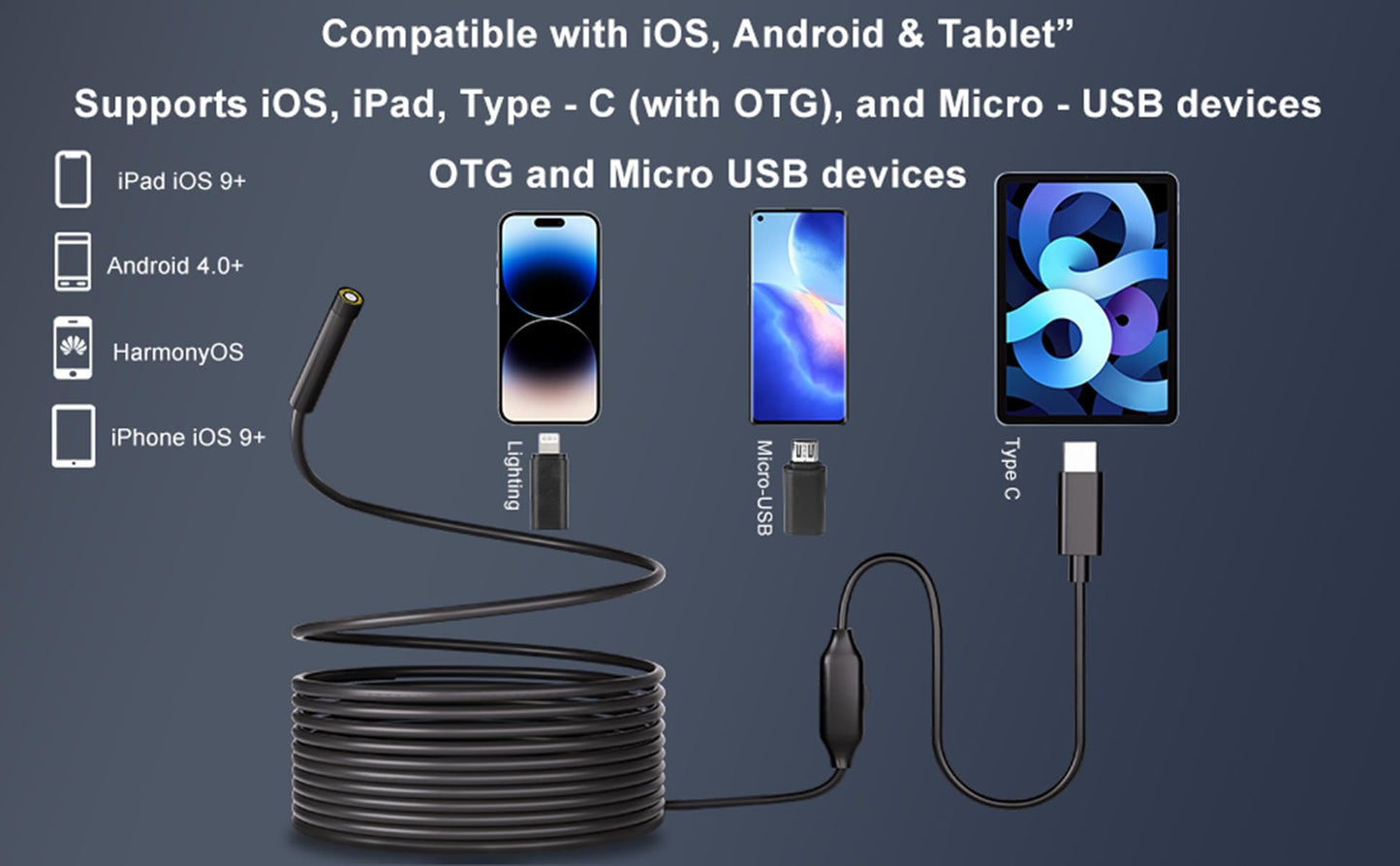 POLEDY Endoscope Camera with Light, 1920P HD Borescope, 8 Adjustable LED Light, IP67 Waterproof 16.4ft Snake Camera, Semi-Rigid Cable Inspection