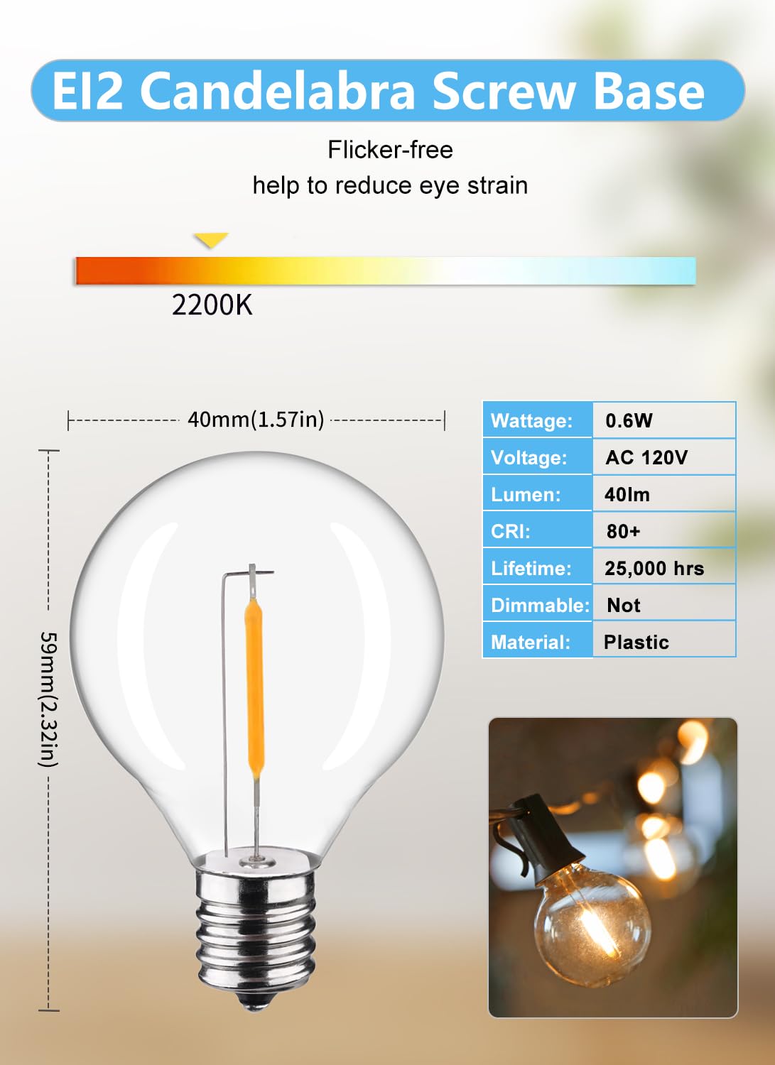 FUTIME 50Pack Shatter Resistant G40 Replacement LED Light Bulbs, Warm 2200K