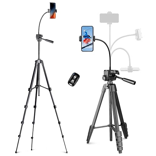 Aureday Phone Tripod, 82" Tripod for iPhone with Flexible Gooseneck, Wireless Remote and Phone Holder, Extendable Cell Phone&Camera Tripod Stand