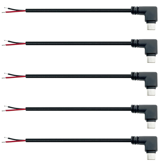 Jienk 5Pcs 25CM 22AWG Right Angle USB Type-C 2 Core Pigtail Cable, 3A 5V 90Degree USB-C Male Plug to 2Pin Bare Wire Open End Extension Cable for DIY