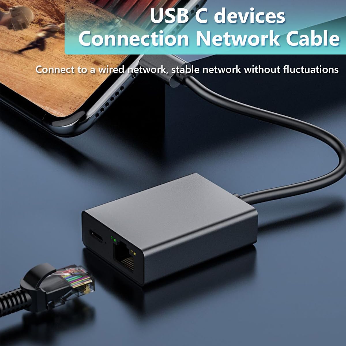 Snlrntin USB C to RJ45 Network Adapter for Google TV, Chromecast, Laptop, Black