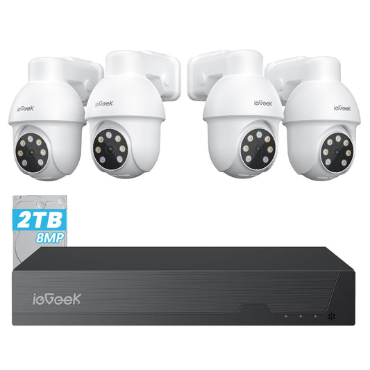 ieGeek 8MP PoE Security Camera System, 4pcs Wired Outdoor Cameras for Home Security with 355°Pan 90°Tilt, 8CH NVR with 2TB HDD, Automatic Human