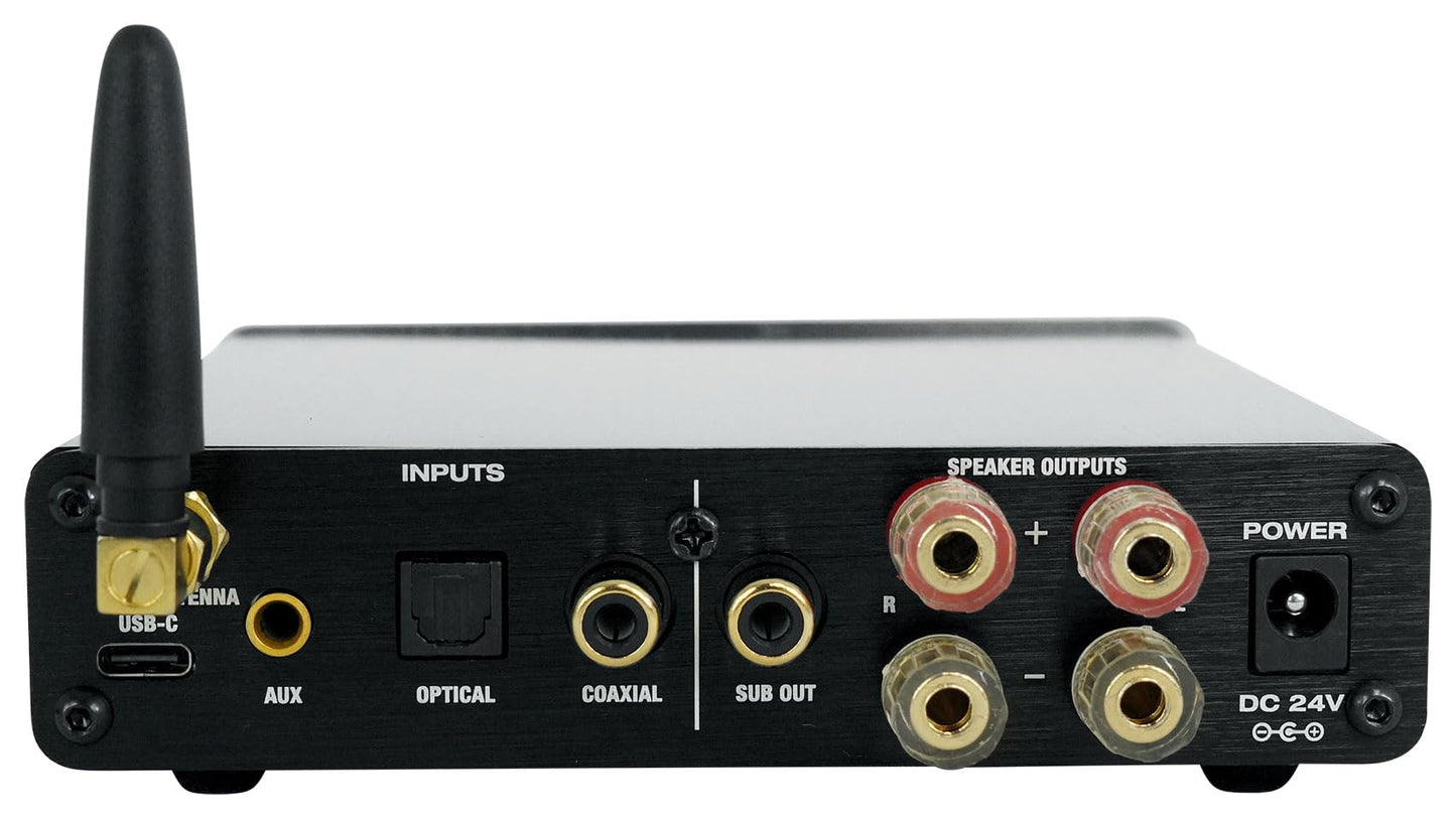 Rockville BLUDAC2S 150W Hi-Res 192K Amplifier Bluetooth Receiver w/USB, Optical, Coax, Sub Out, Class-D, DSP EQ, Remote, Brushed Aluminum, Compact