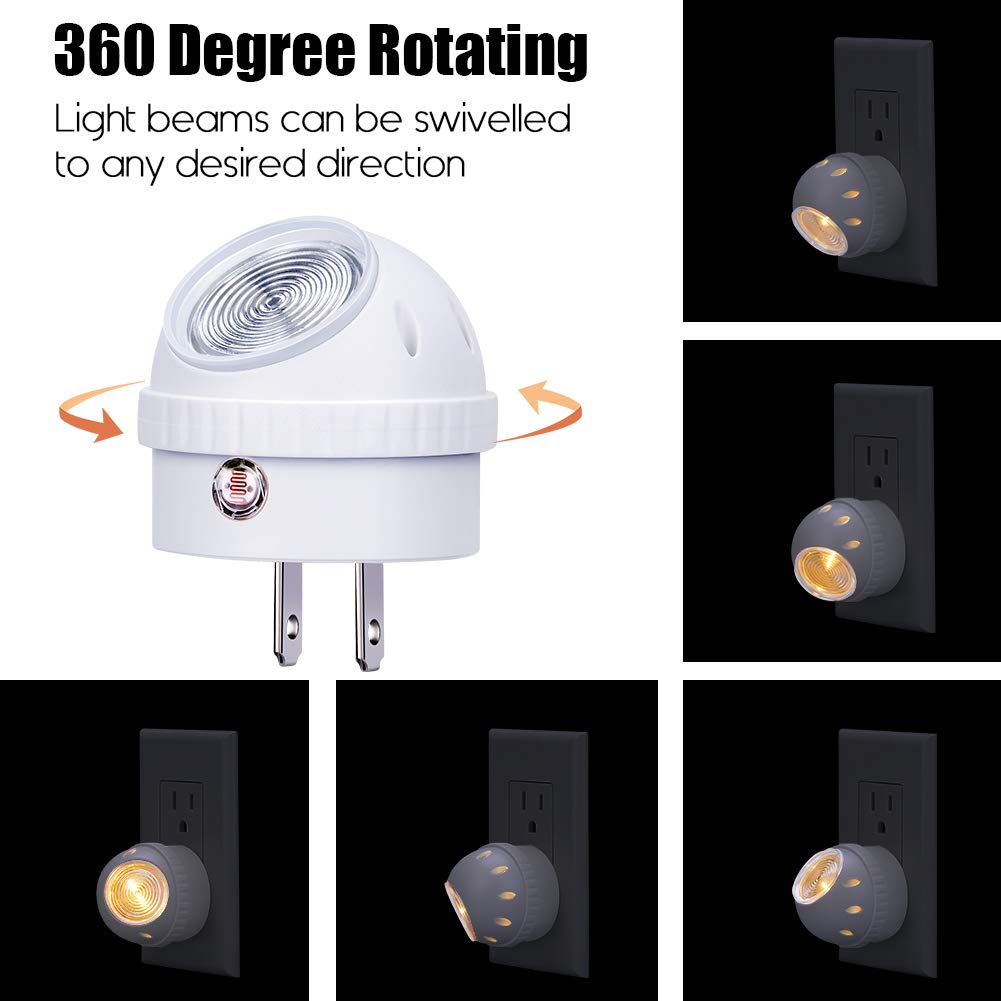 Emotionlite Plug-in Night Lights, Warm White LED Nightlight, 360° Rotation, Dusk to Dawn Sensor, Kids, Adult, Bedroom, Hallway, Bathroom,Kitchen